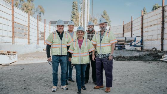 (From left to right) Shawn Dewane, Mesa Water Board Vice President; James R. Fisler, Mesa Water Board Director; Marice H. DePasquale, Mesa Water Board President; Fred R. Bockmiller, P.E., Mesa Water Board Director; and James Atkinson, Mesa Water Board Director, at the construction site for the new Croddy Well 14.